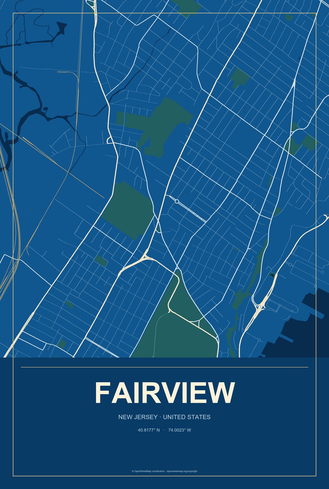 Fairview, New Jersey City Map Aluminum Sign in Harbor Cobalt style