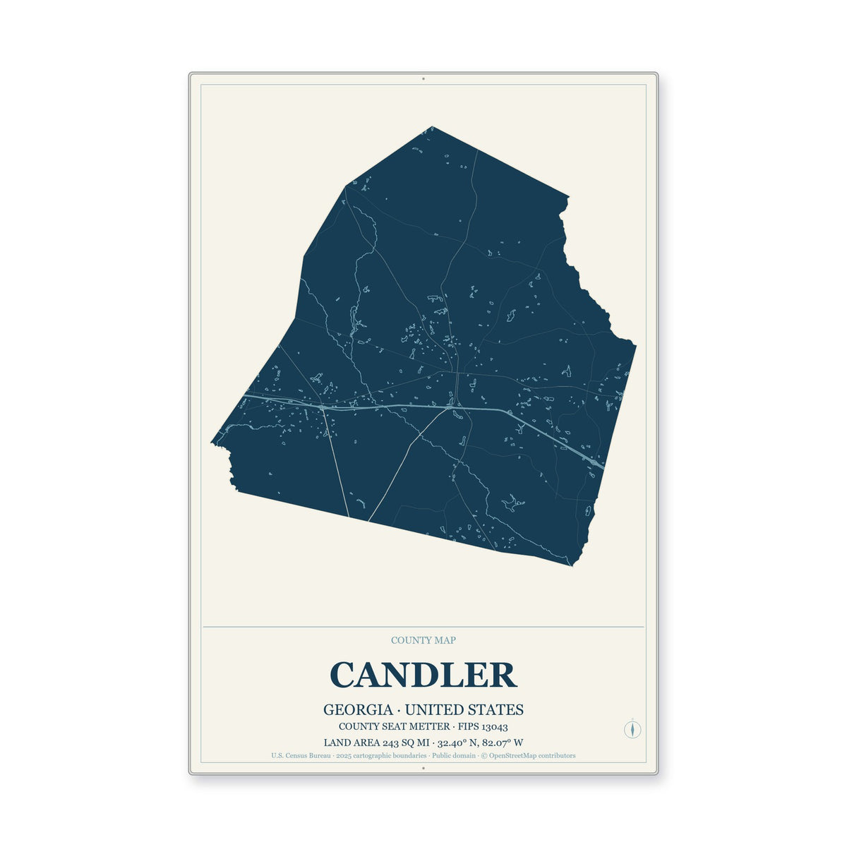 Candler County, Georgia Map Aluminum Sign in Coastal Cutout style