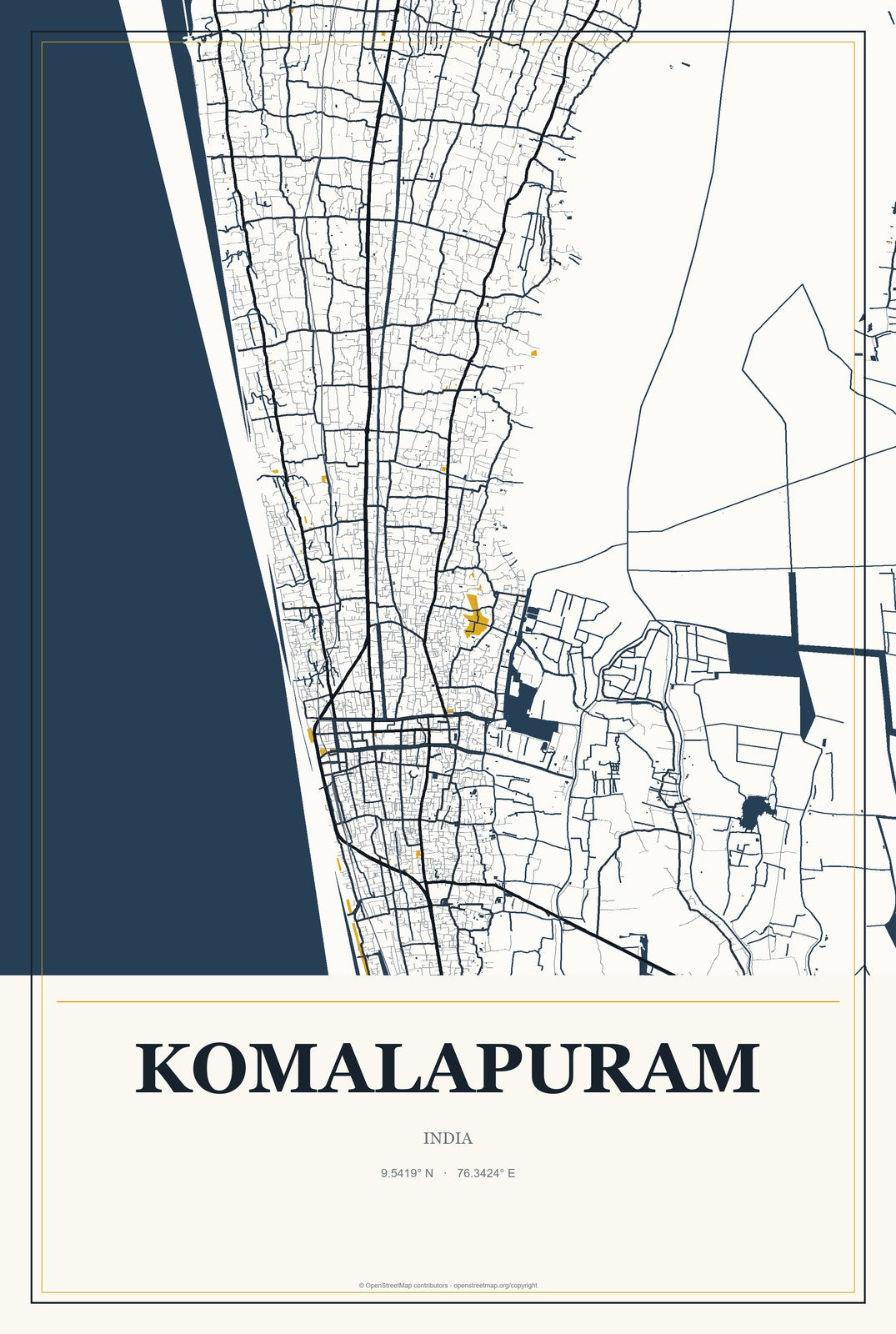 Komalapuram, India City Map Aluminum Sign in Citrine Modern style