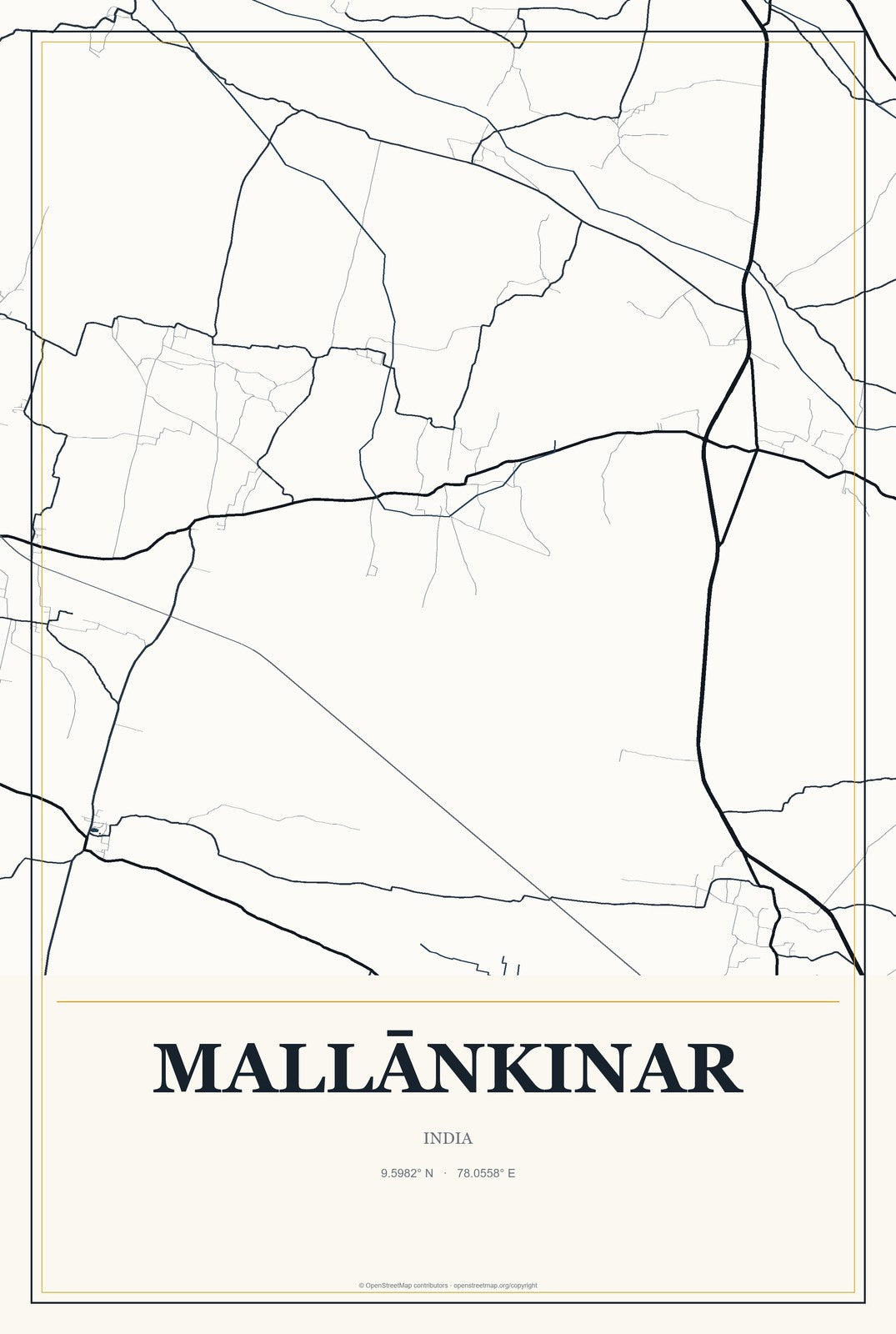 Mallānkinar, India City Map Aluminum Sign in Citrine Modern style