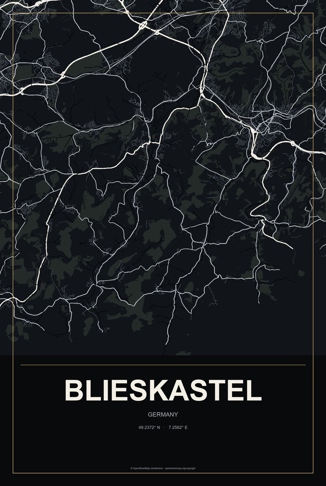 Blieskastel, Germany City Map Aluminum Sign in Metropolitan Noir style