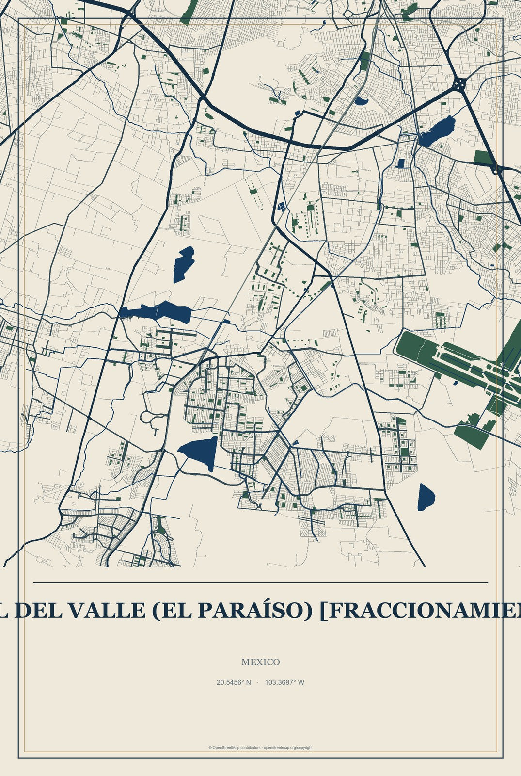 Real del Valle (El Paraíso) [Fraccionamiento], Mexico City Map Aluminum Sign in Coastal Cutout style