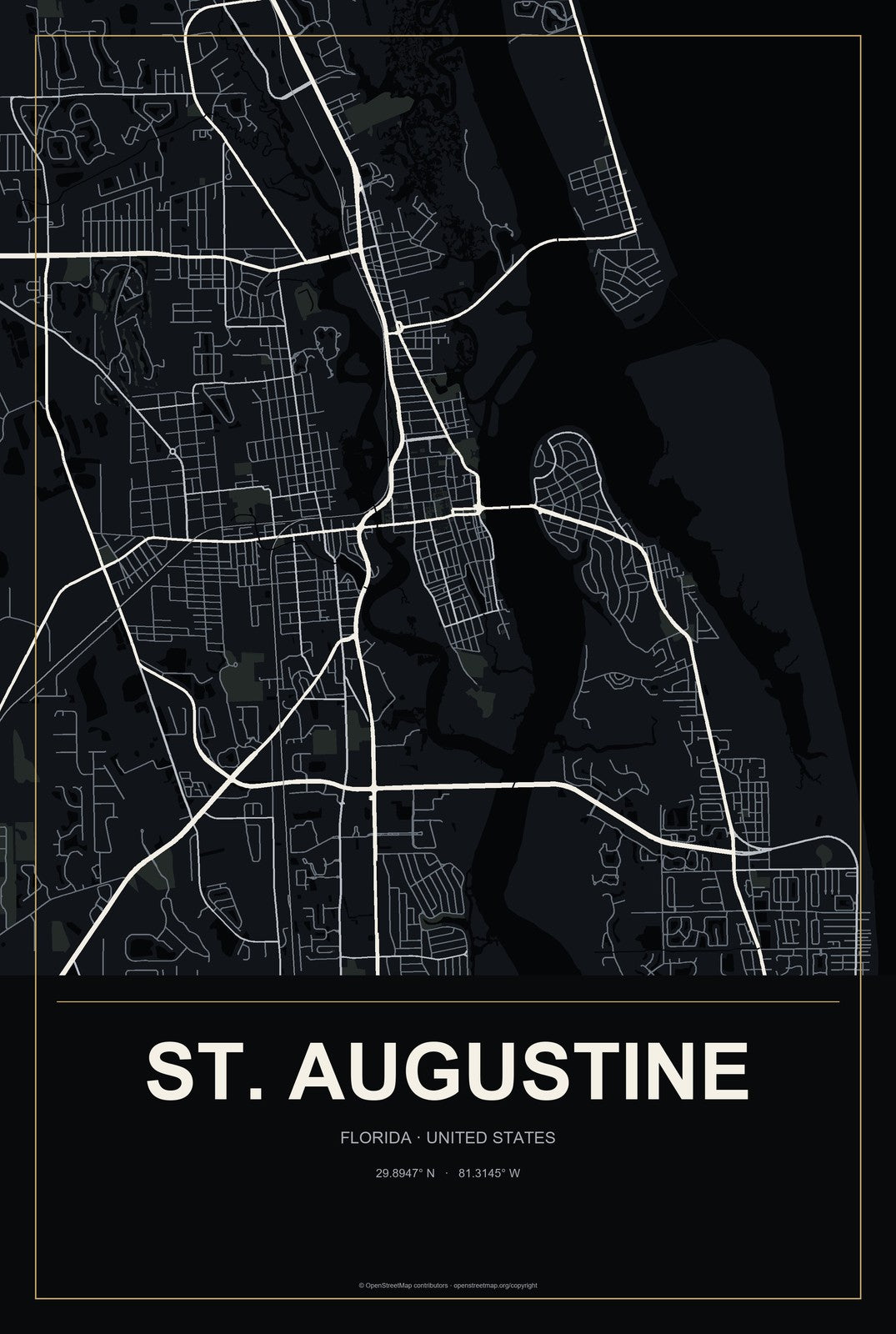 St. Augustine, Florida City Map Aluminum Sign in Metropolitan Noir style