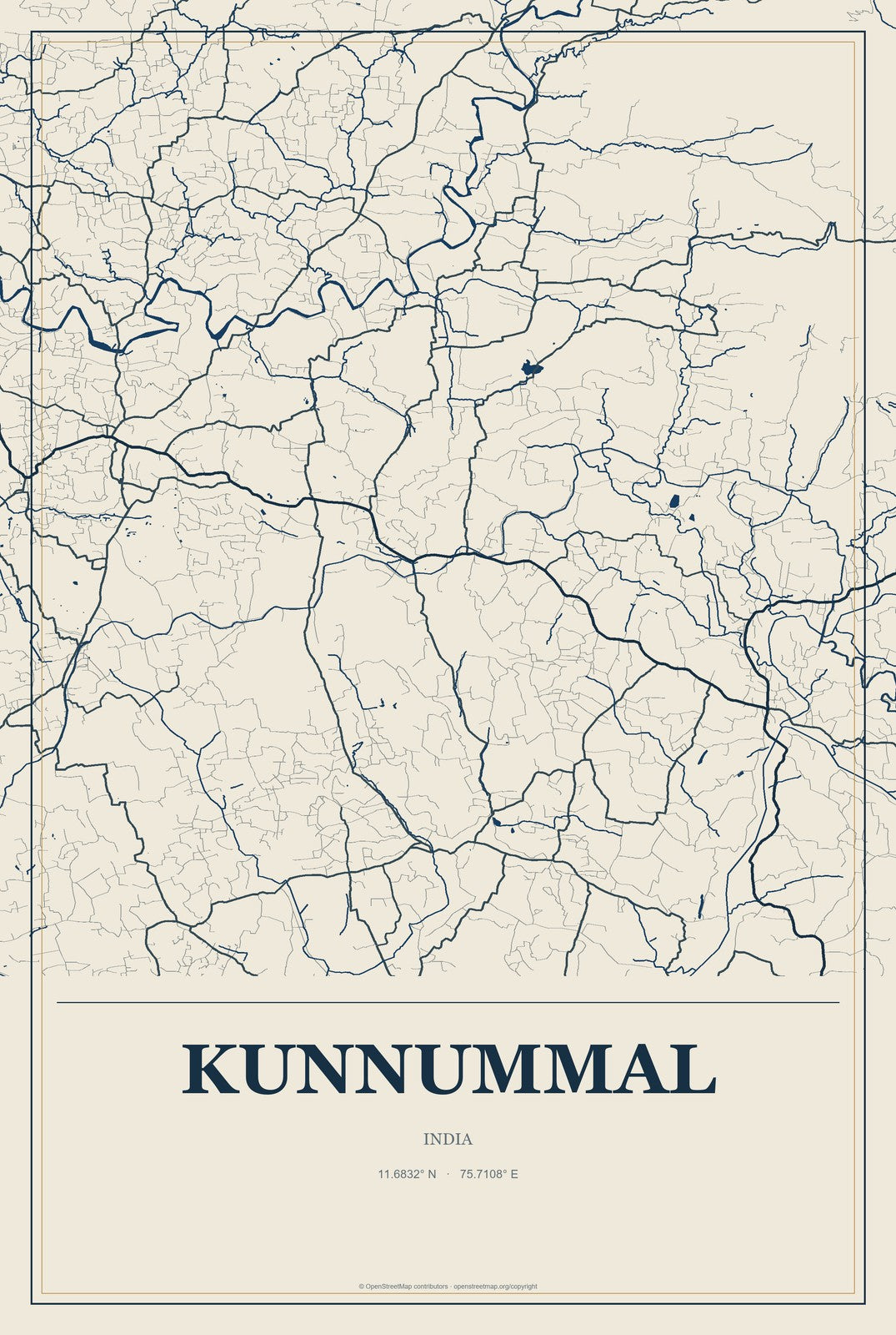 Kunnummal, India City Map Aluminum Sign in Coastal Cutout style