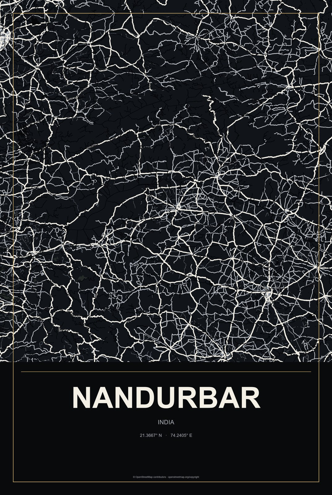 Nandurbar, India City Map Aluminum Sign in Metropolitan Noir style
