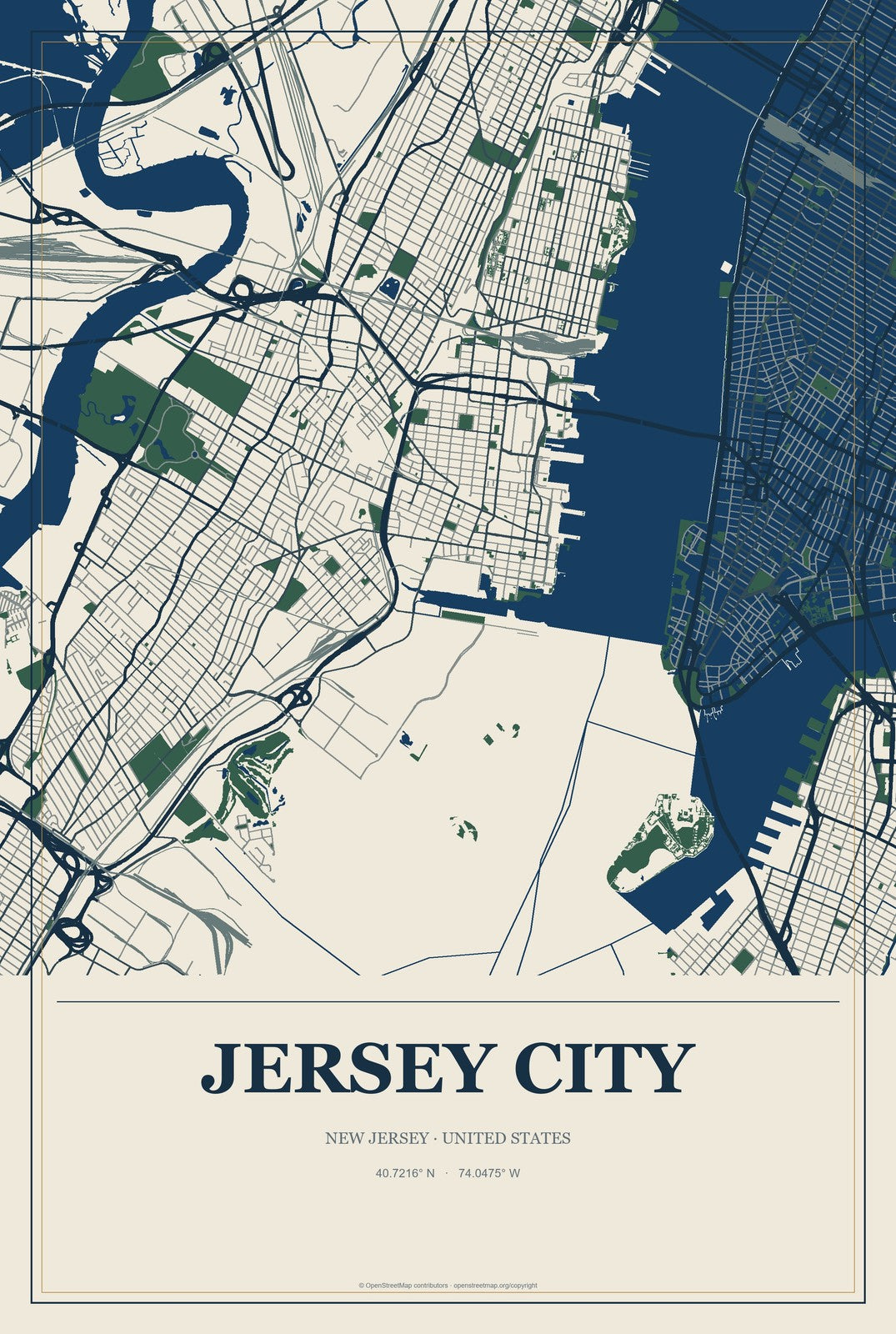 Jersey City, New Jersey City Map Aluminum Sign in Coastal Cutout style