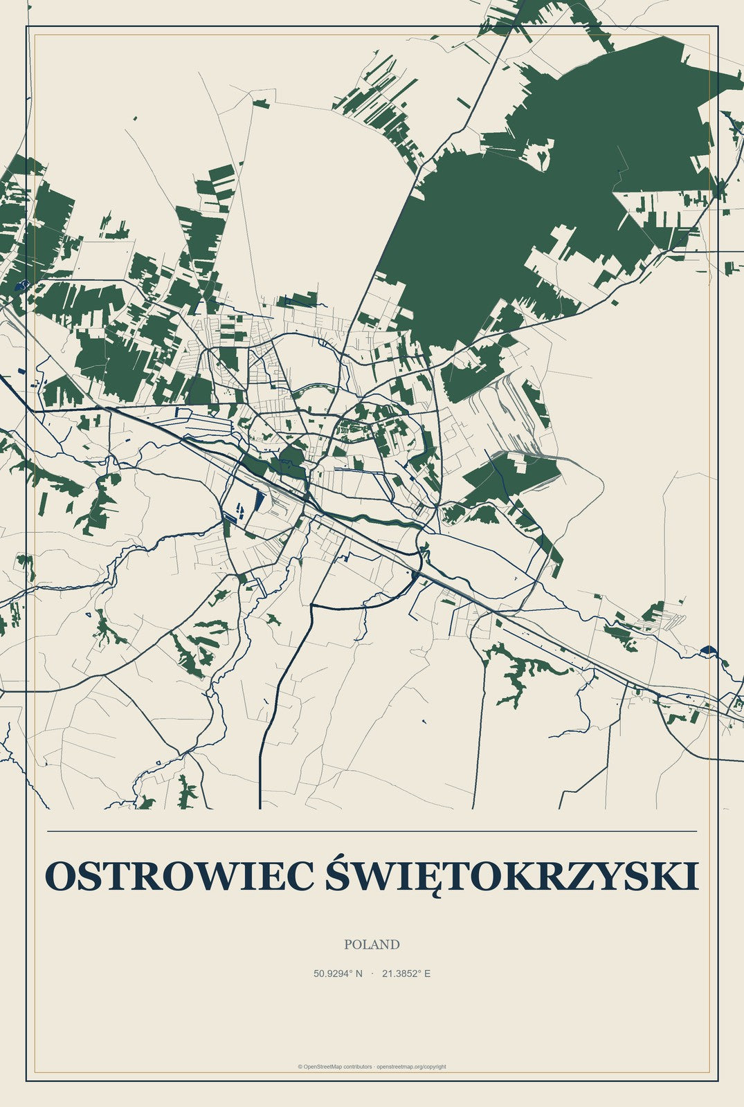 Ostrowiec Świętokrzyski, Poland City Map Aluminum Sign in Coastal Cutout style