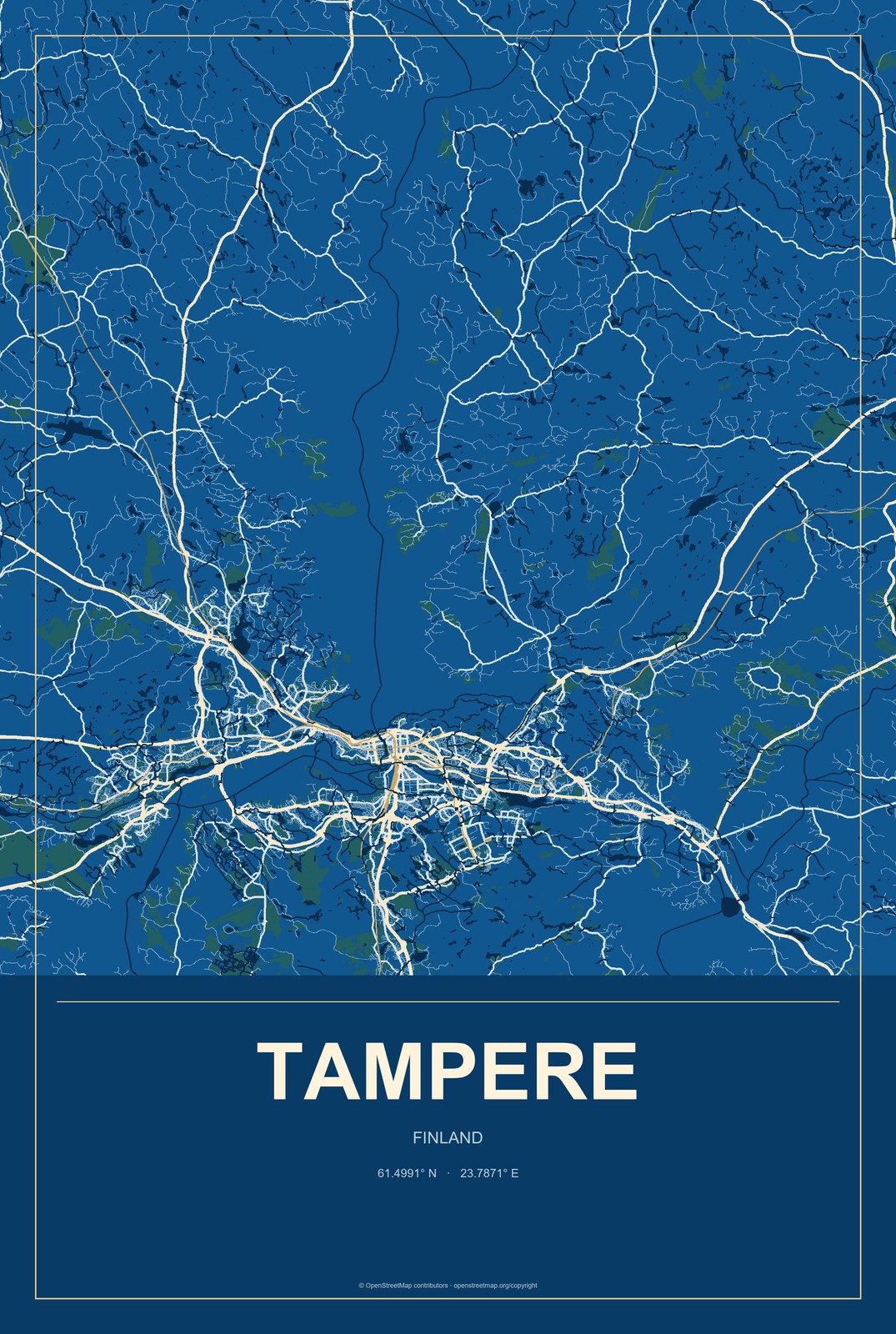 Tampere, Finland City Map Aluminum Sign in Harbor Cobalt style