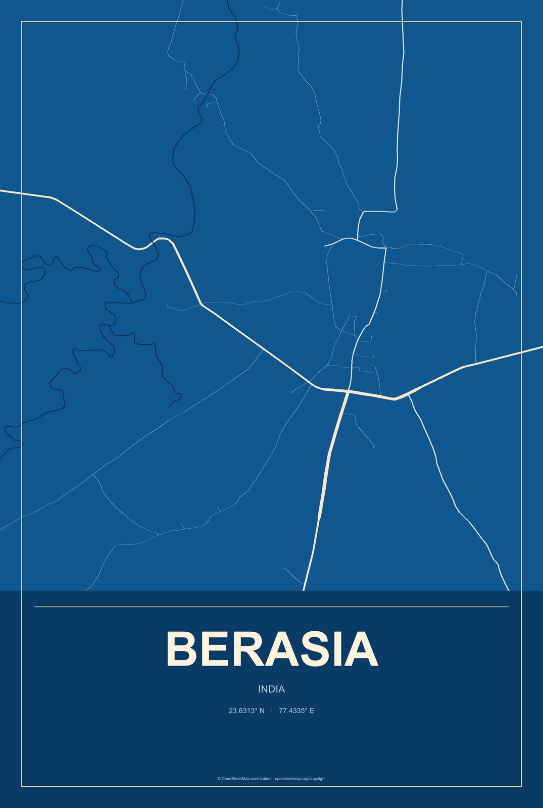 Berasia, India City Map Aluminum Sign in Harbor Cobalt style