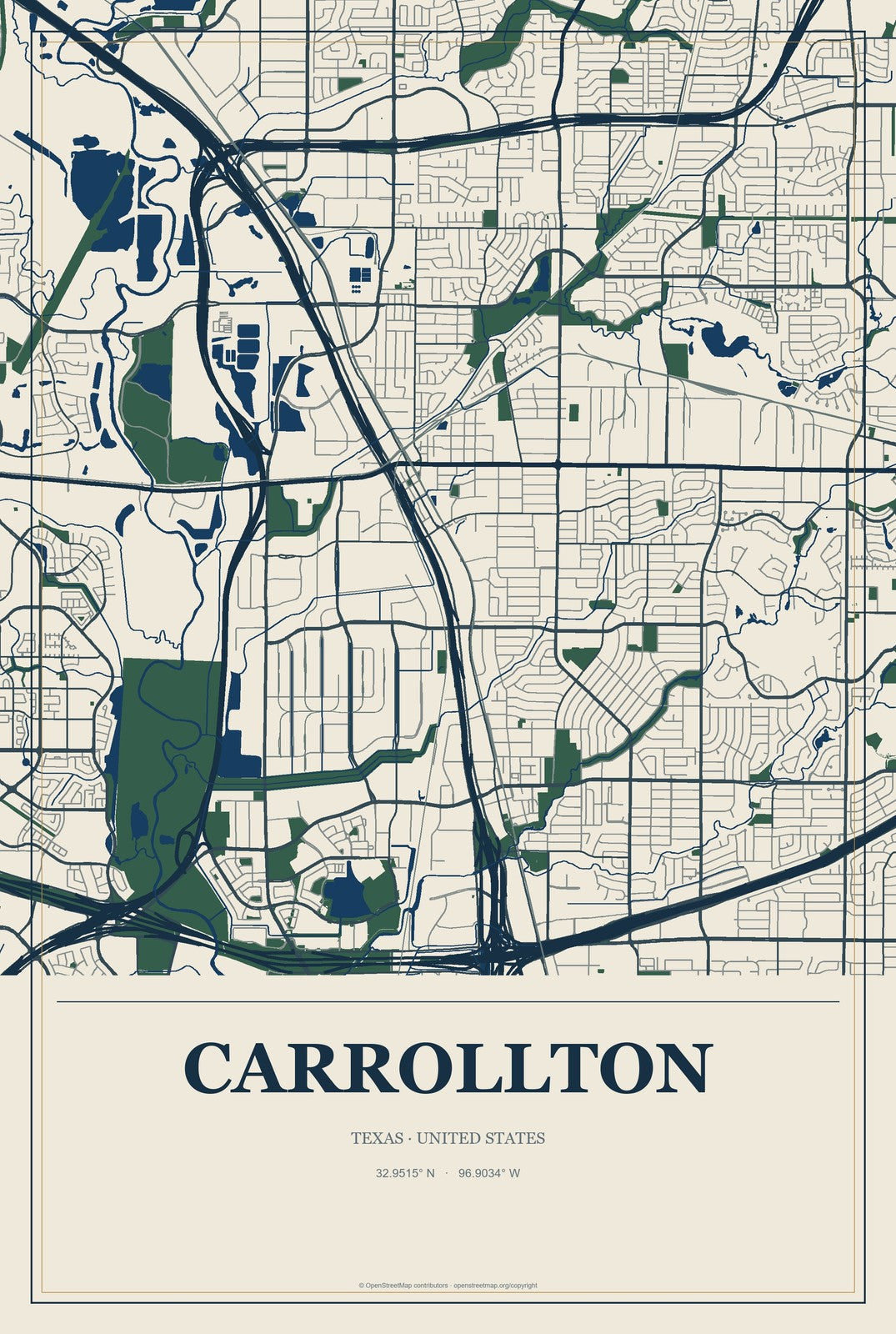 Carrollton, Texas City Map Aluminum Sign in Coastal Cutout style