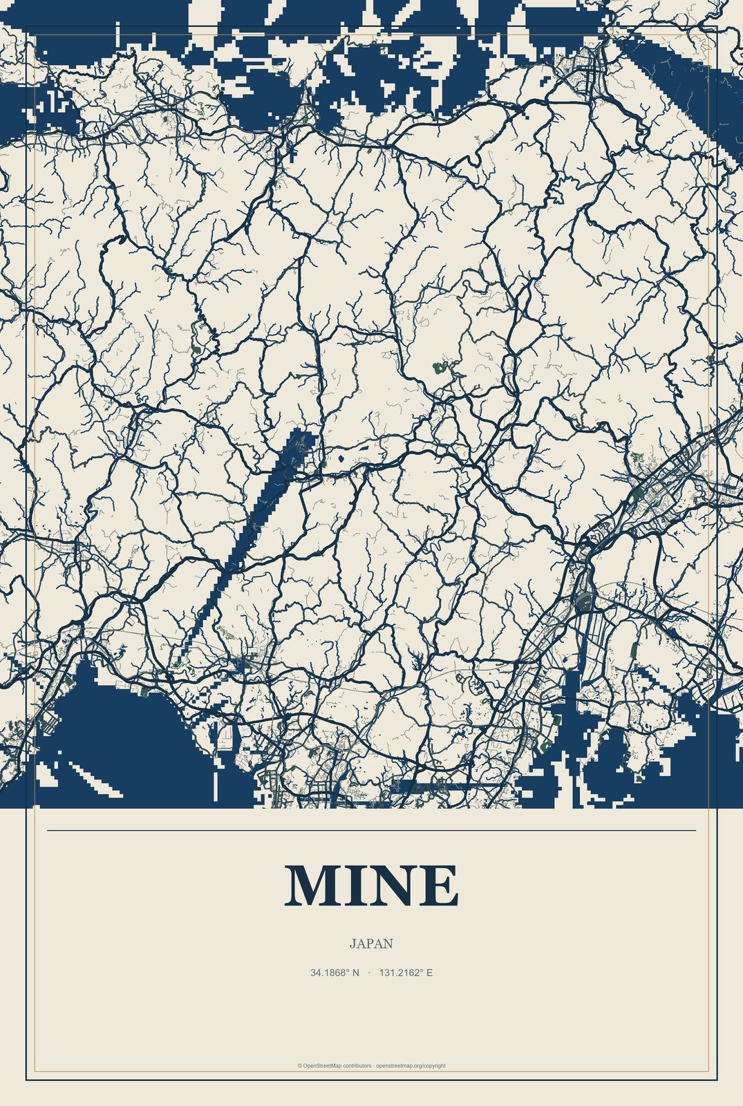 Mine, Japan City Map Aluminum Sign in Coastal Cutout style