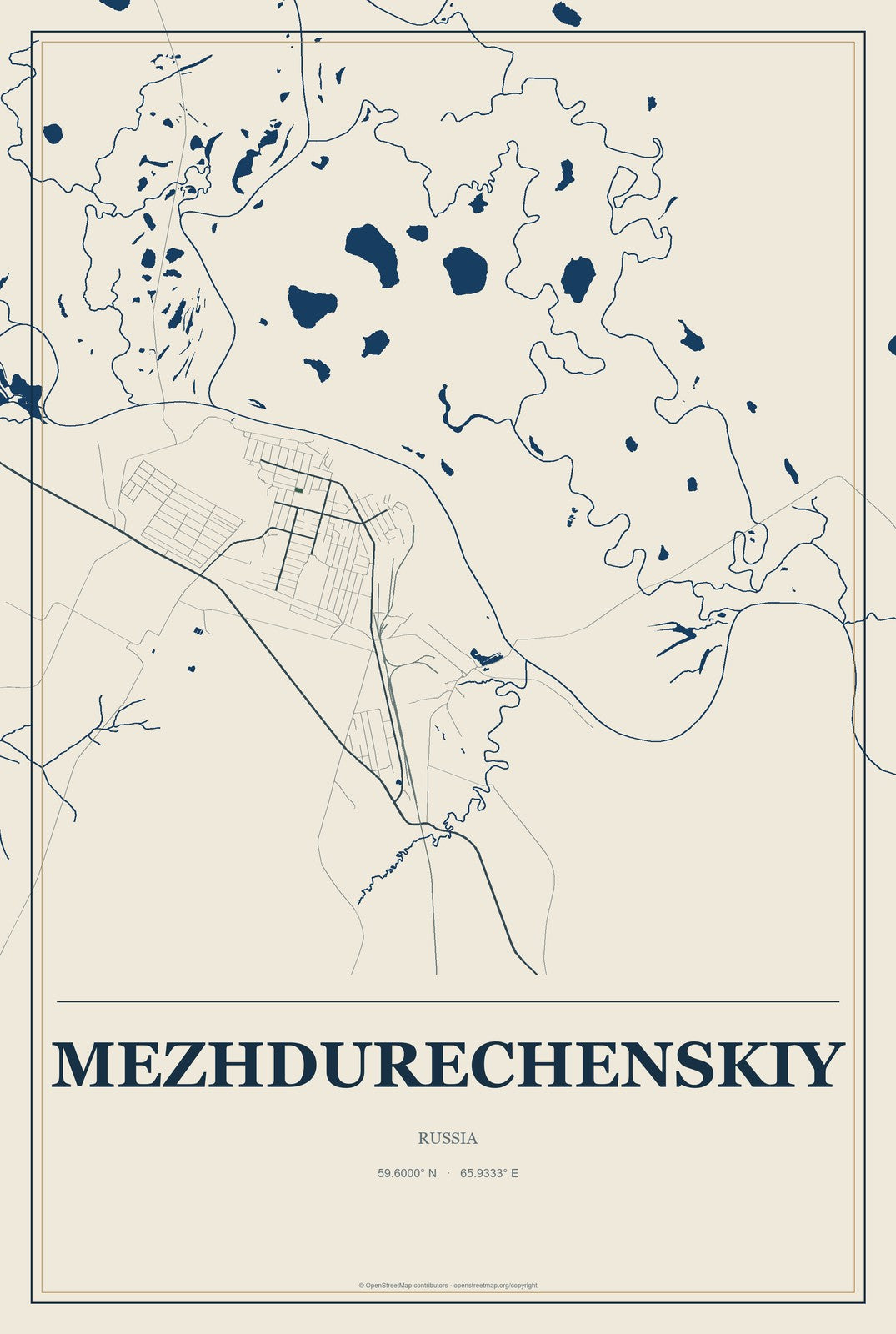 Mezhdurechenskiy, Russia City Map Aluminum Sign in Coastal Cutout style