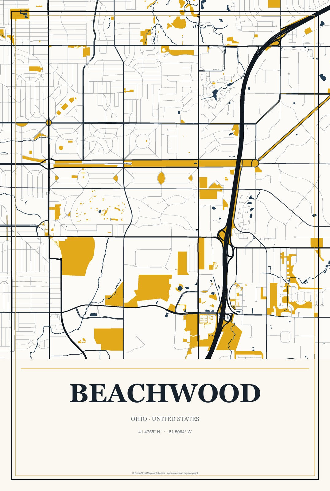 Beachwood, Ohio City Map Aluminum Sign in Citrine Modern style