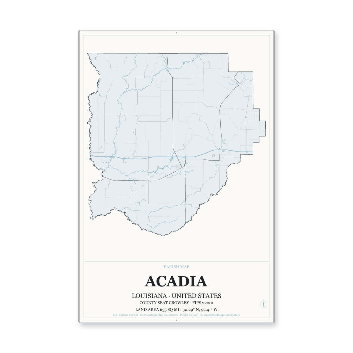 Acadia Parish, Louisiana Map Aluminum Sign in Gallery Air style