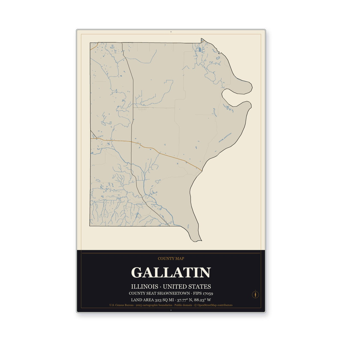 Gallatin County, Illinois Map Aluminum Sign in Museum Plaque style
