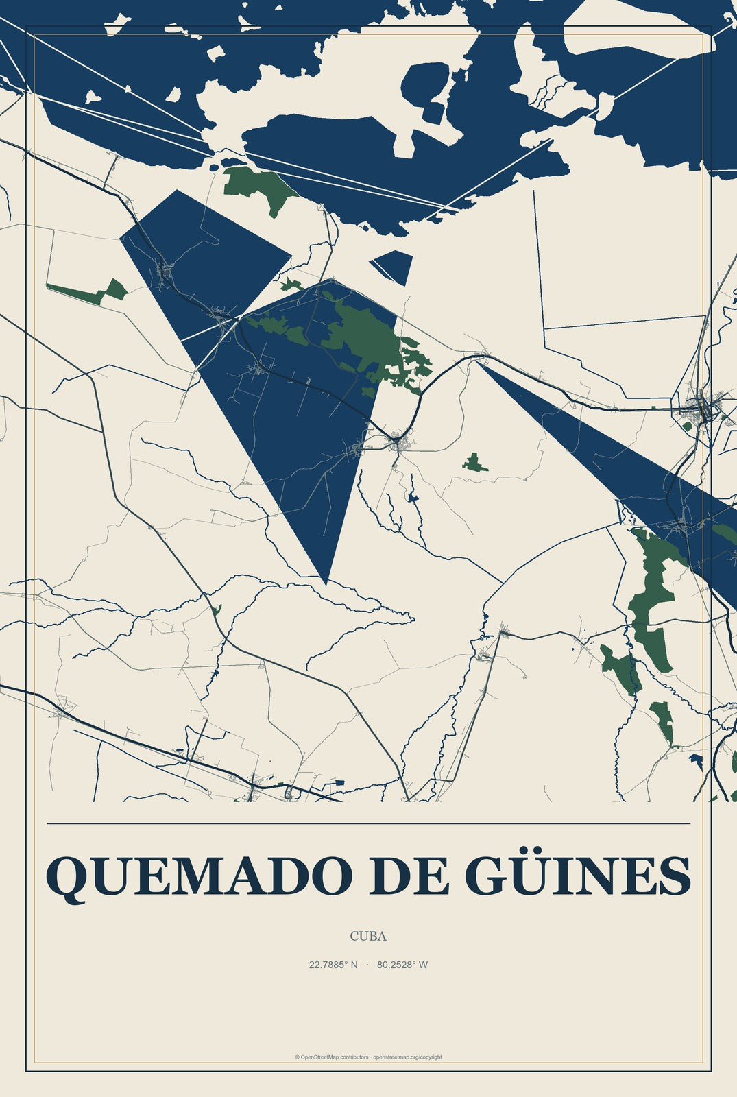 Quemado de Güines, Cuba City Map Aluminum Sign in Coastal Cutout style