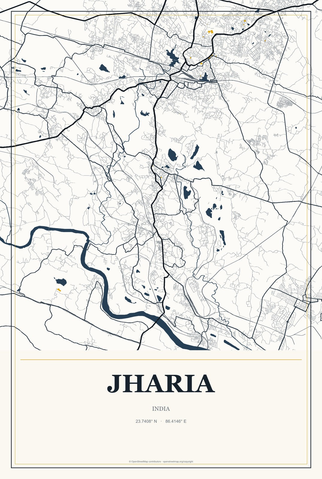 Jharia, India City Map Aluminum Sign in Citrine Modern style