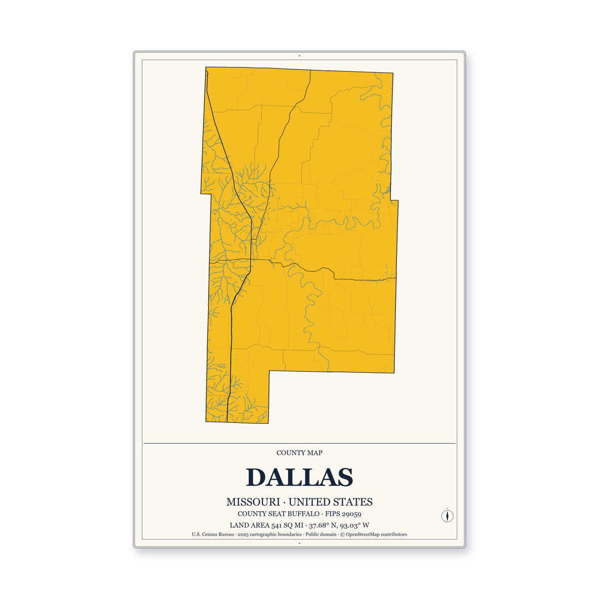 Dallas County, Missouri Map Aluminum Sign in Citrine Modern style