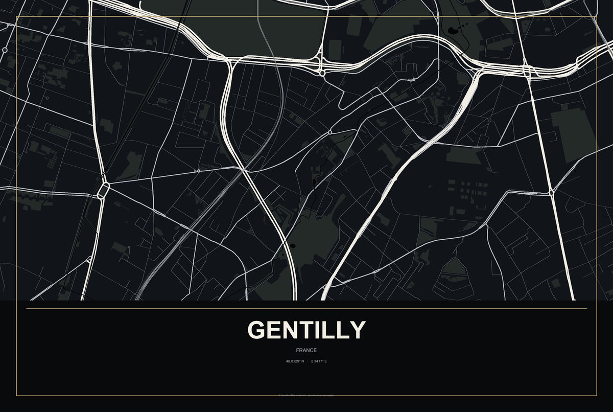 Gentilly, France City Map Aluminum Sign in Metropolitan Noir style