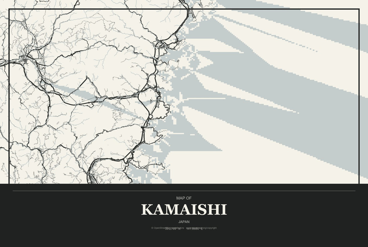 Kamaishi, Japan City Map Aluminum Sign in Museum Plaque style