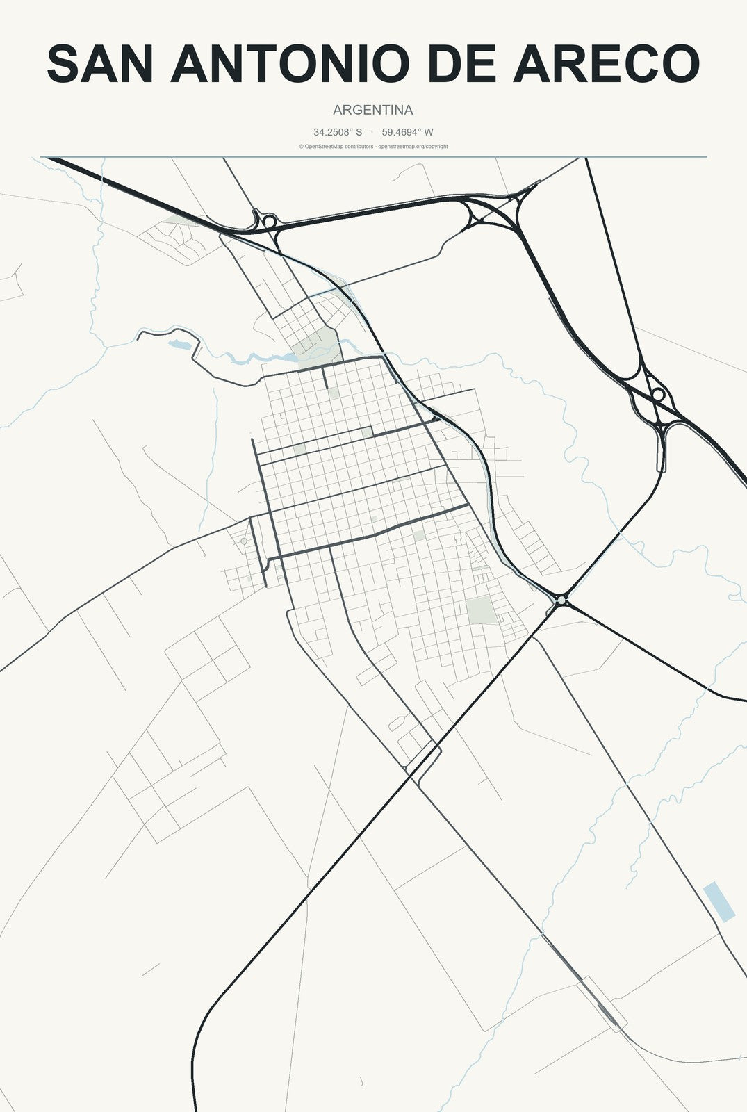 San Antonio de Areco, Argentina City Map Aluminum Sign in Headline Atlas style