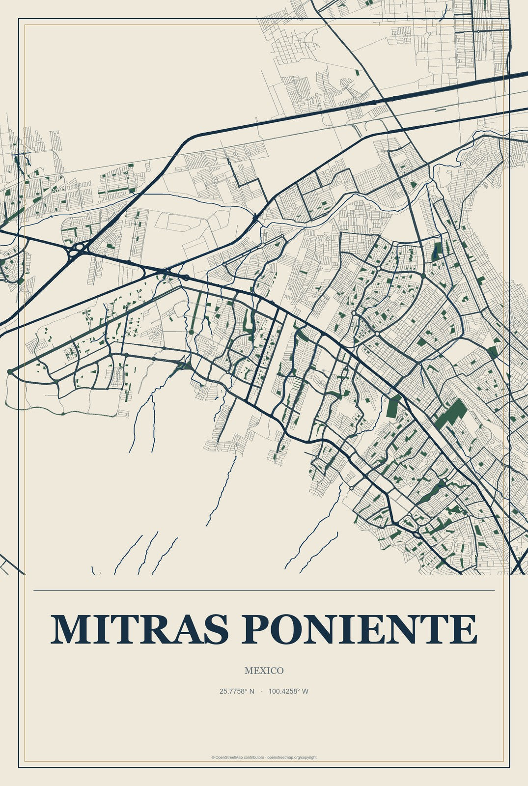 Mitras Poniente, Mexico City Map Aluminum Sign in Coastal Cutout style