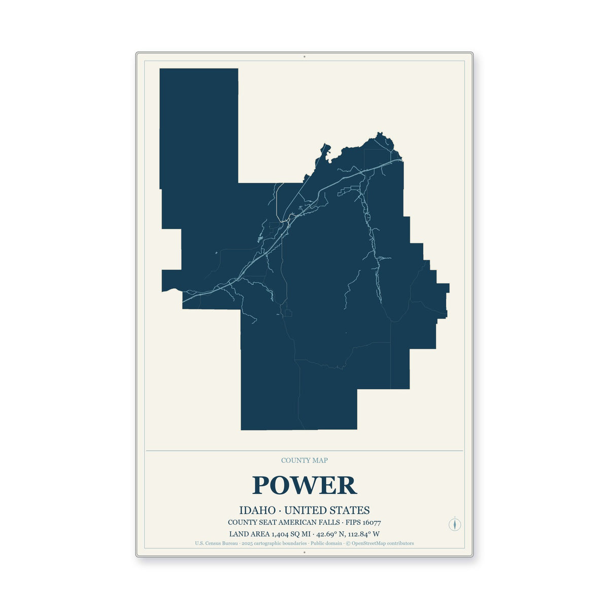 Power County, Idaho Map Aluminum Sign in Coastal Cutout style