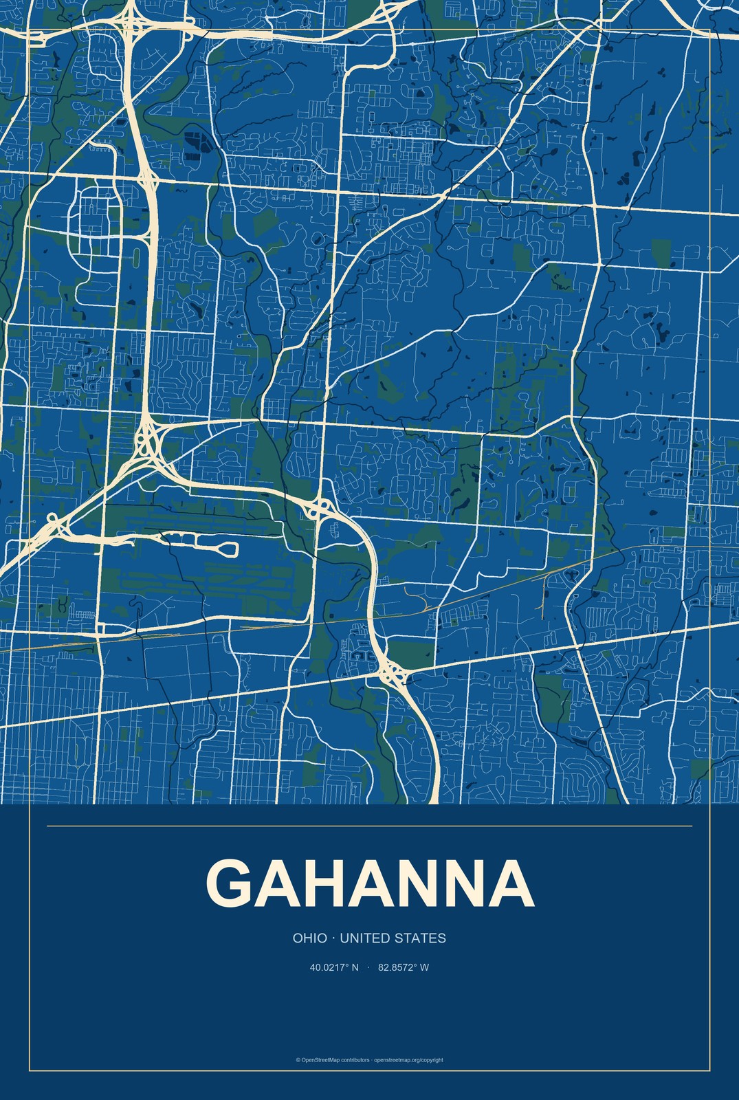 Gahanna, Ohio City Map Aluminum Sign in Harbor Cobalt style