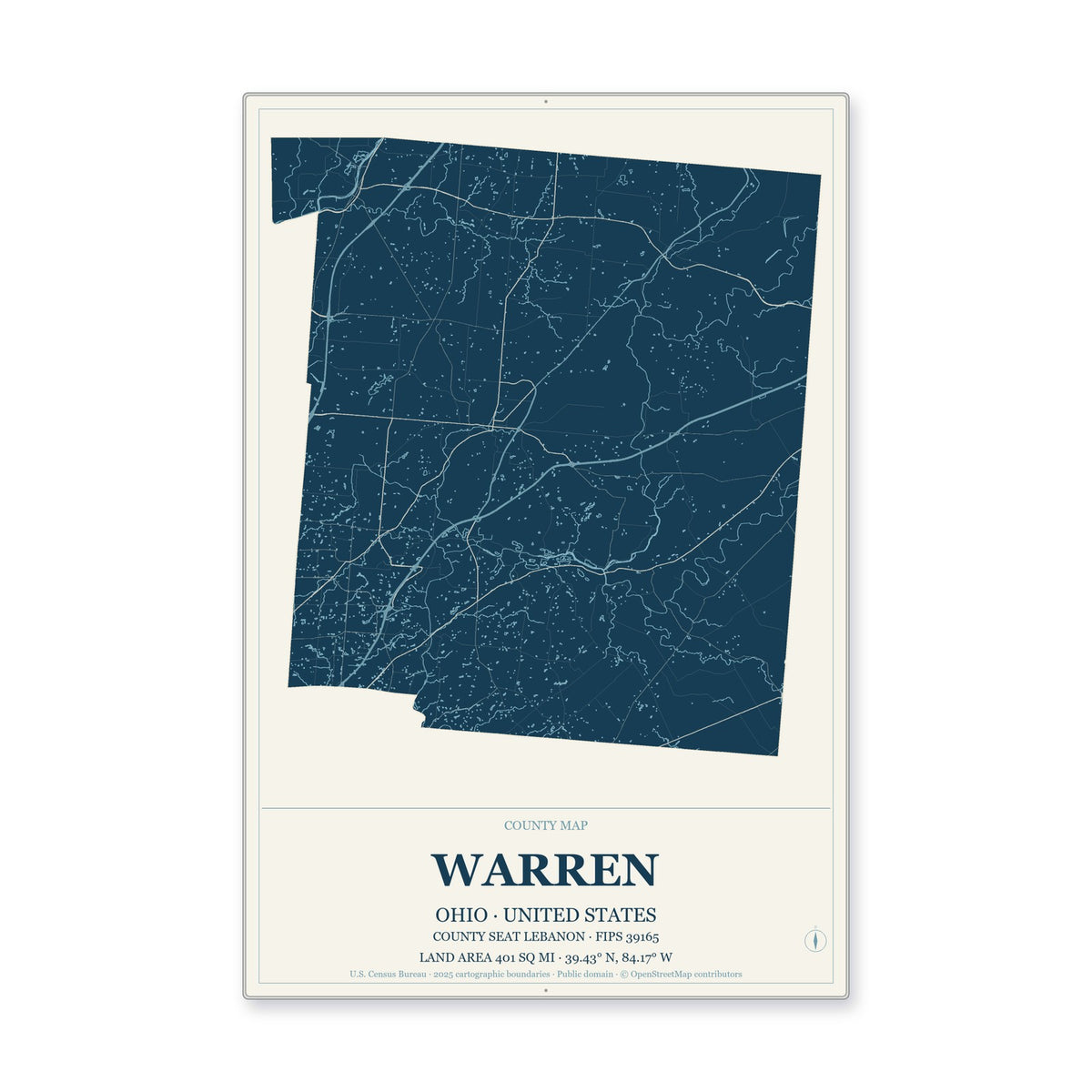 Warren County, Ohio Map Aluminum Sign in Coastal Cutout style