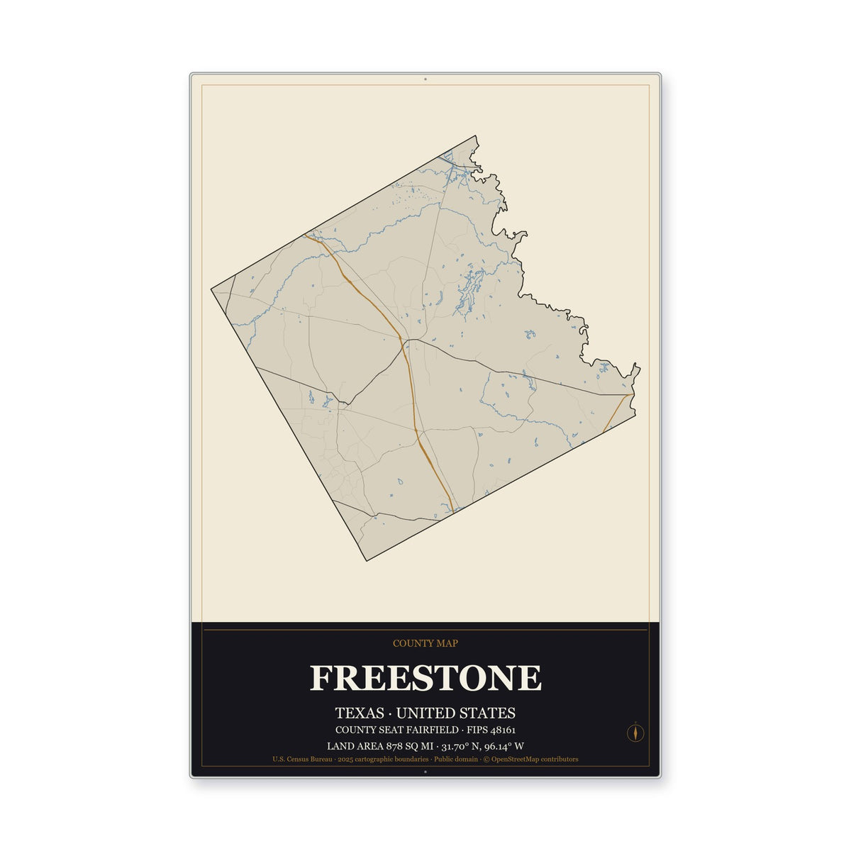 Freestone County, Texas Map Aluminum Sign in Museum Plaque style