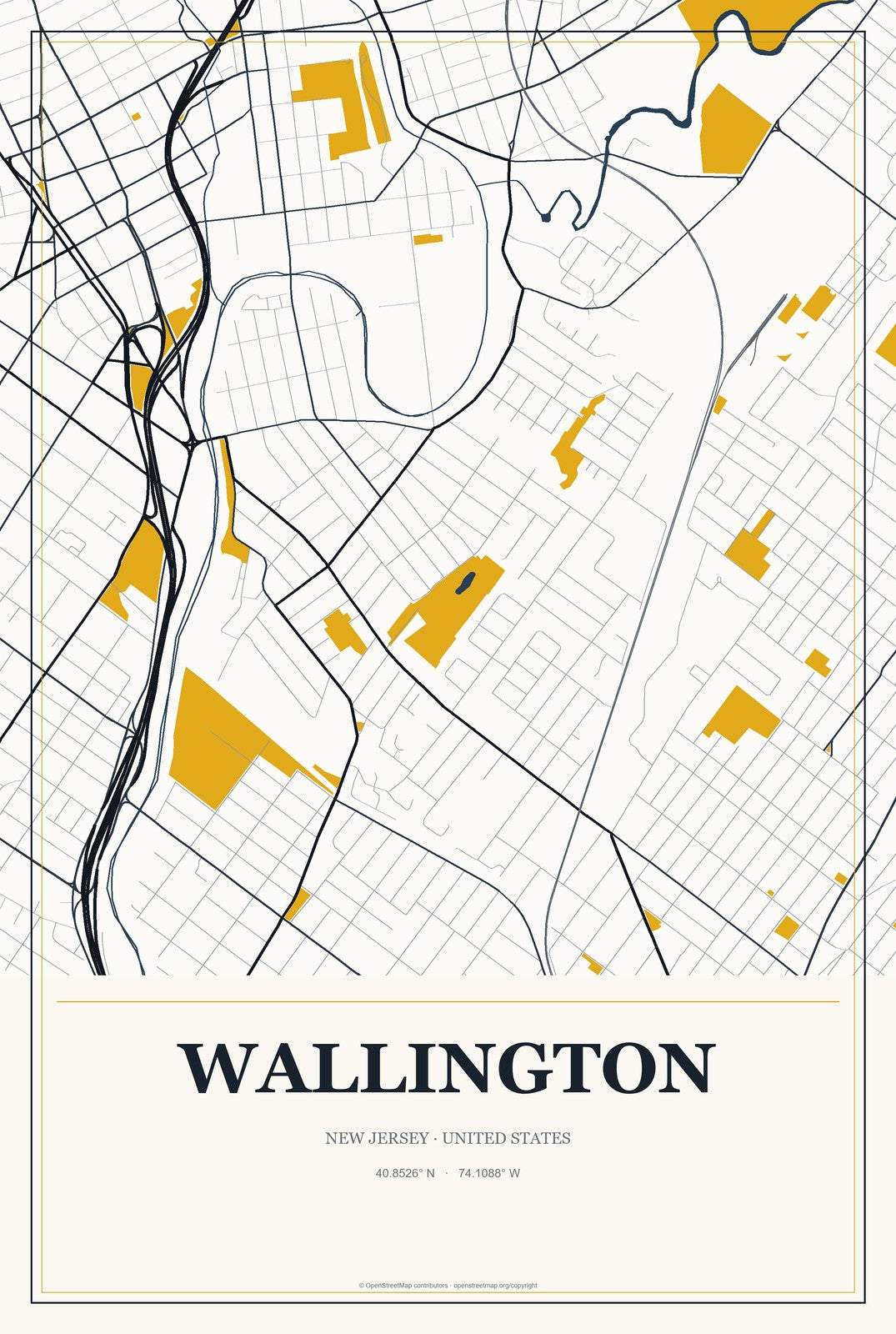 Wallington, New Jersey City Map Aluminum Sign in Citrine Modern style