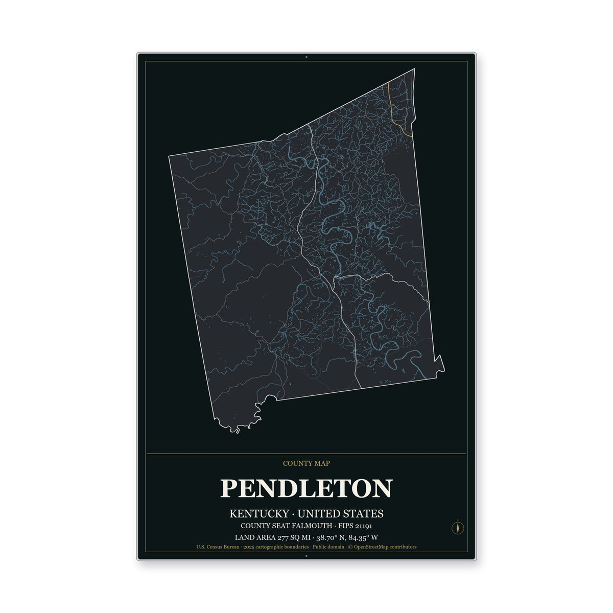 Pendleton County, Kentucky Map Aluminum Sign in Metropolitan Noir style