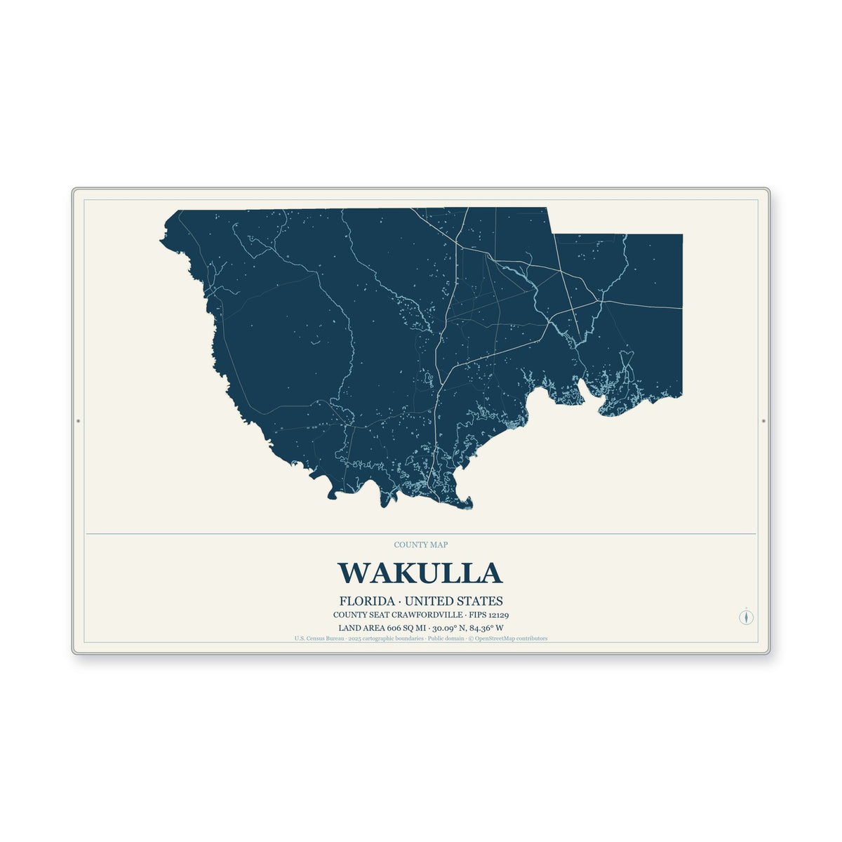 Wakulla County, Florida Map Aluminum Sign in Coastal Cutout style