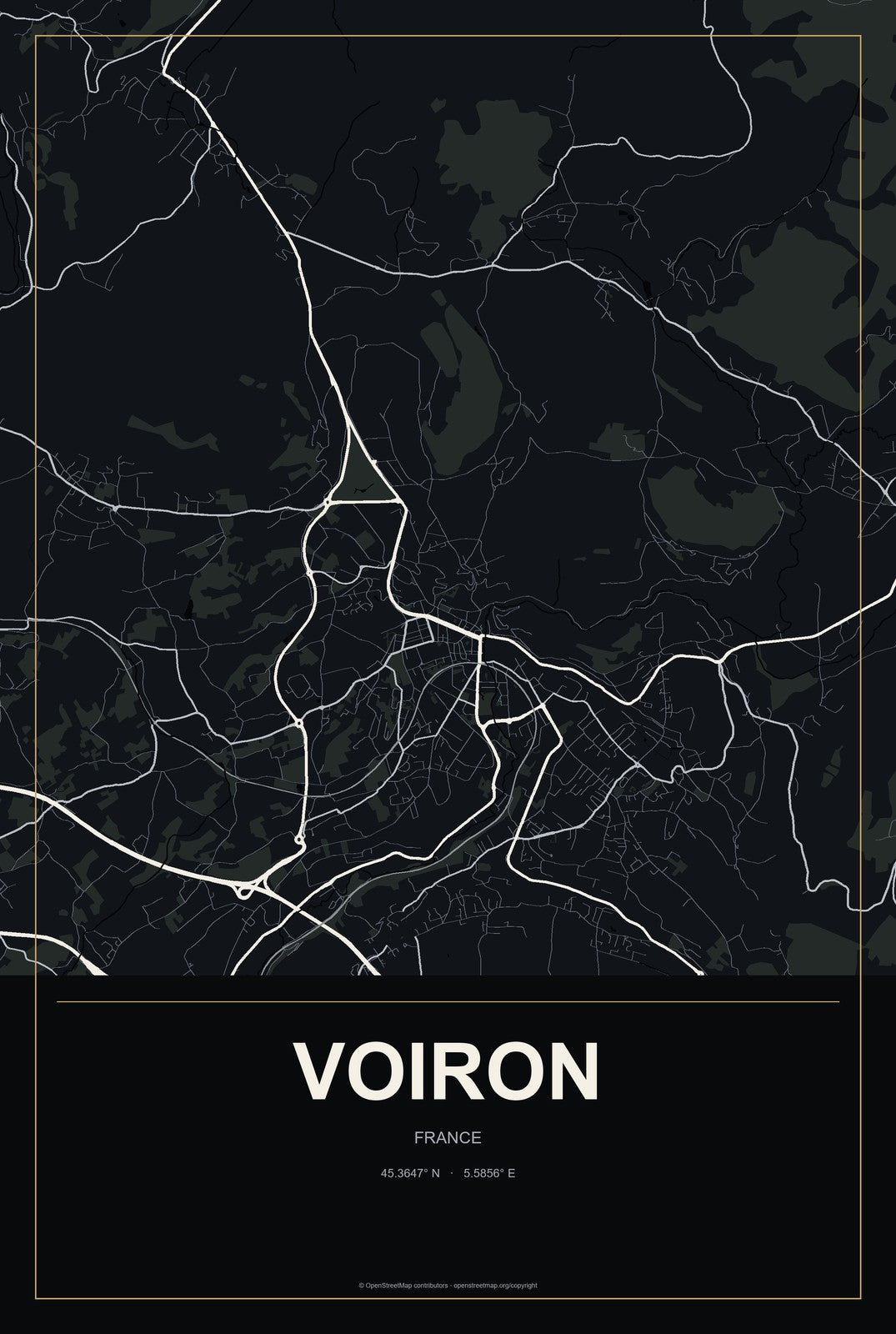Voiron, France City Map Aluminum Sign in Metropolitan Noir style