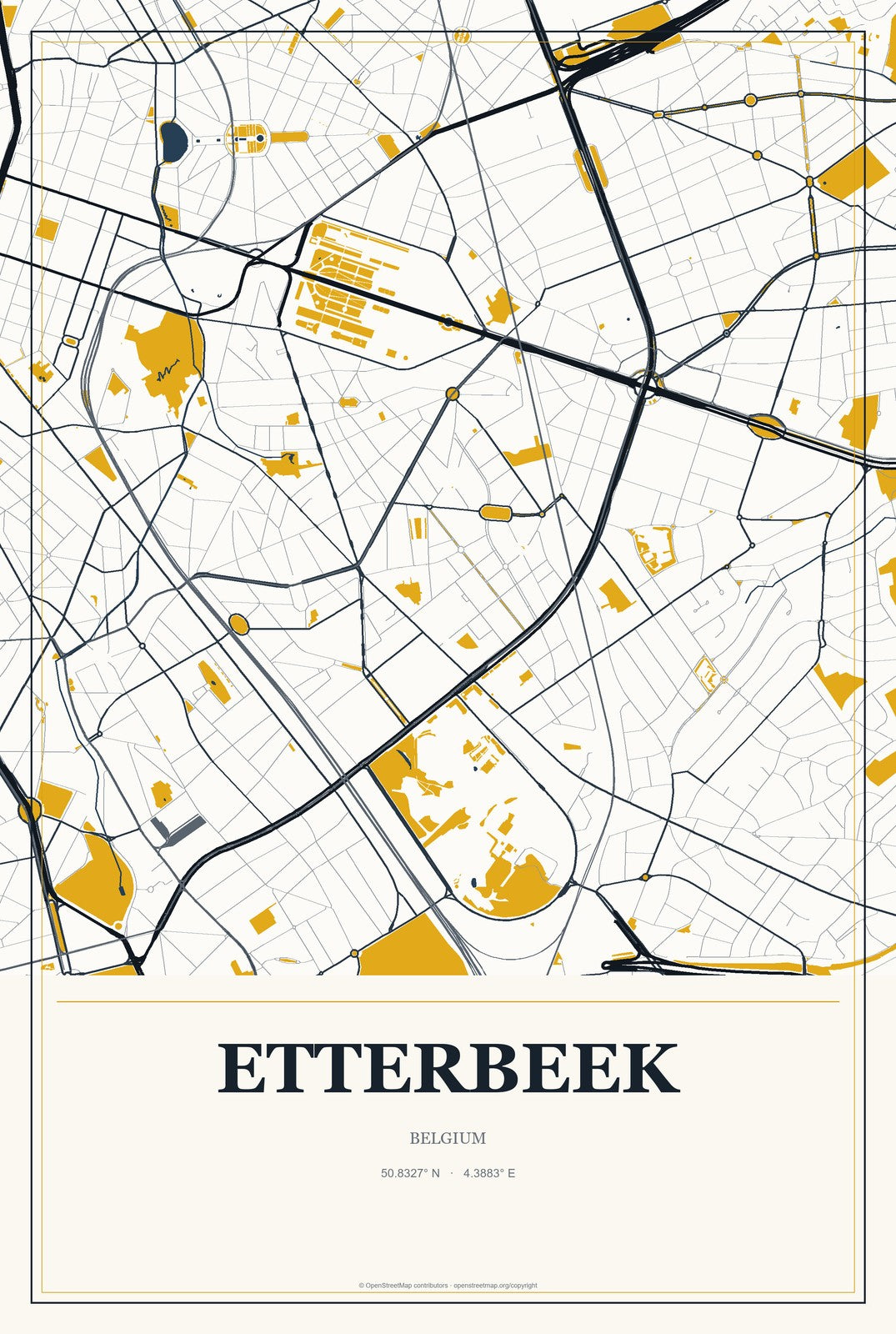 Etterbeek, Belgium City Map Aluminum Sign in Citrine Modern style