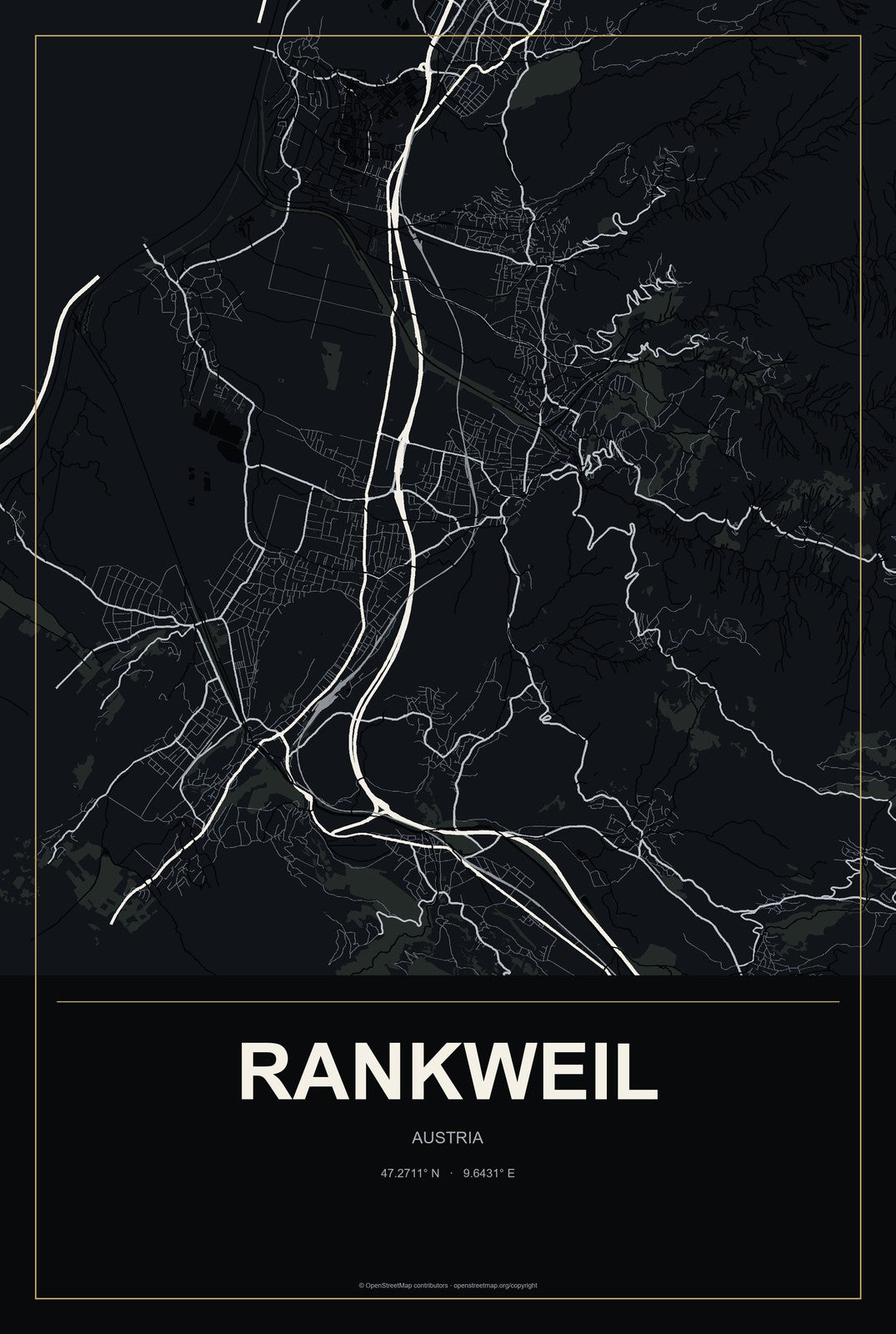 Rankweil, Austria City Map Aluminum Sign in Metropolitan Noir style