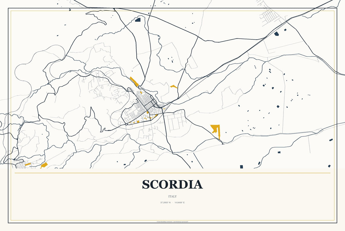 Scordia, Italy City Map Aluminum Sign in Citrine Modern style