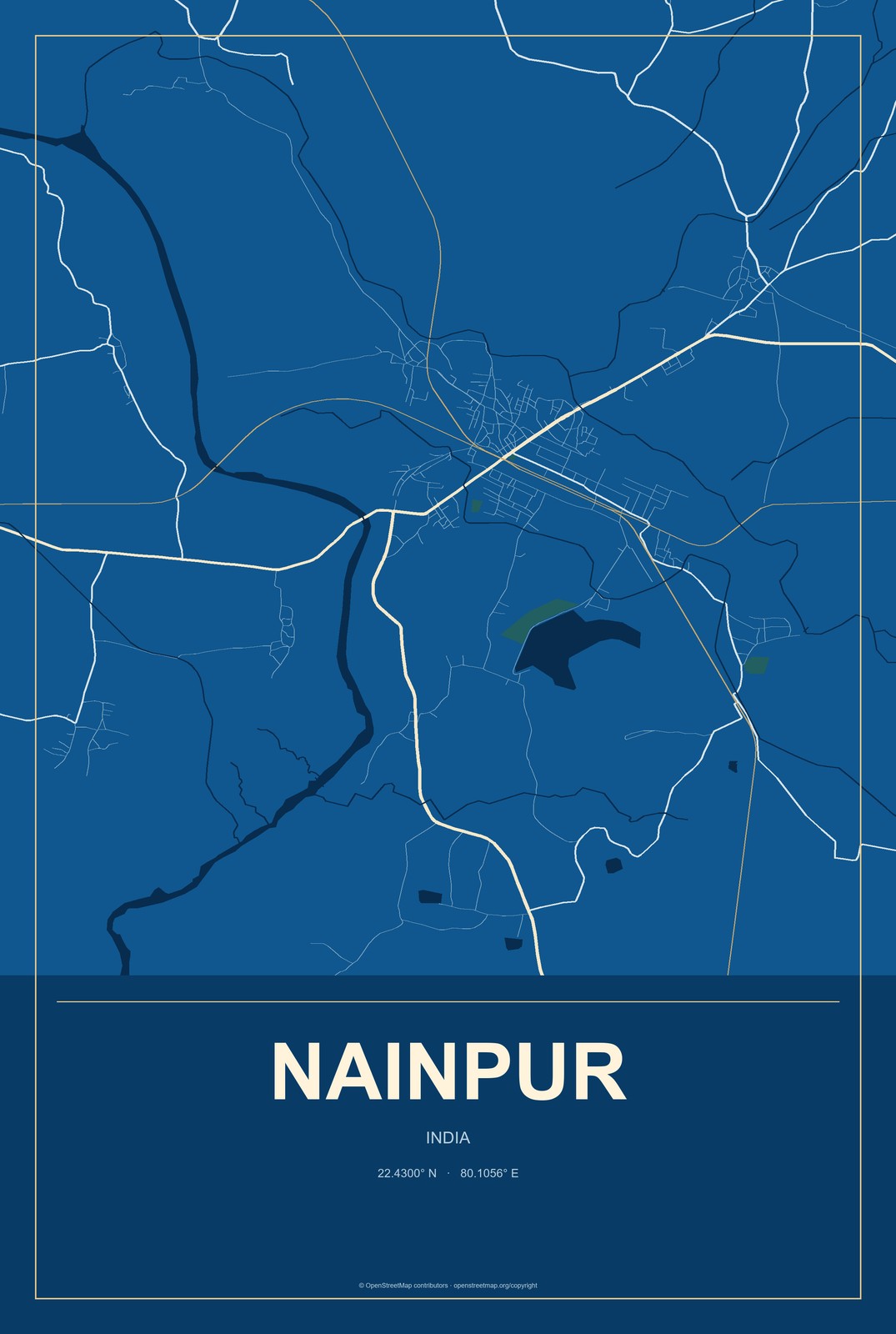 Nainpur, India City Map Aluminum Sign in Harbor Cobalt style