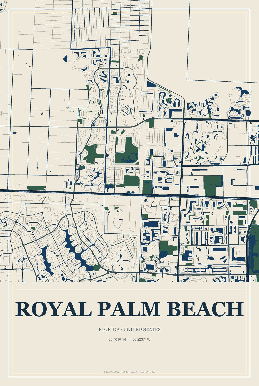 Royal Palm Beach, Florida City Map Aluminum Sign in Coastal Cutout style
