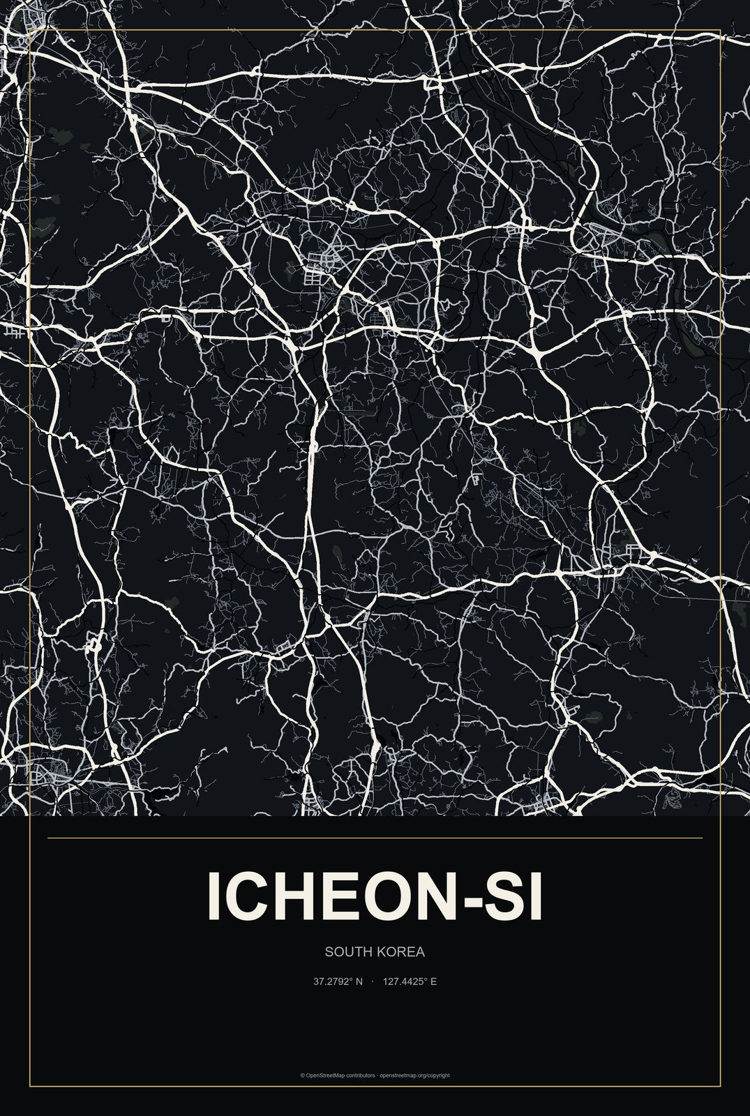 Icheon-si, South Korea City Map Aluminum Sign in Metropolitan Noir style