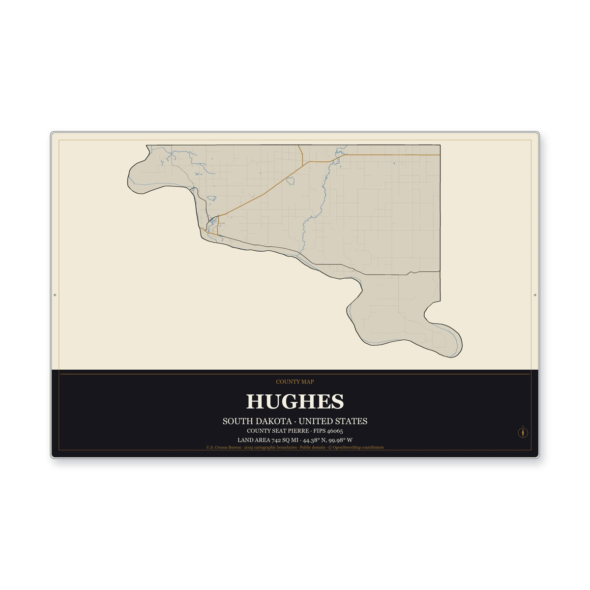 Hughes County, South Dakota Map Aluminum Sign in Museum Plaque style