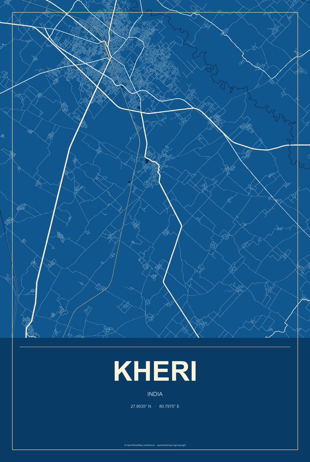 Kheri, India City Map Aluminum Sign in Harbor Cobalt style
