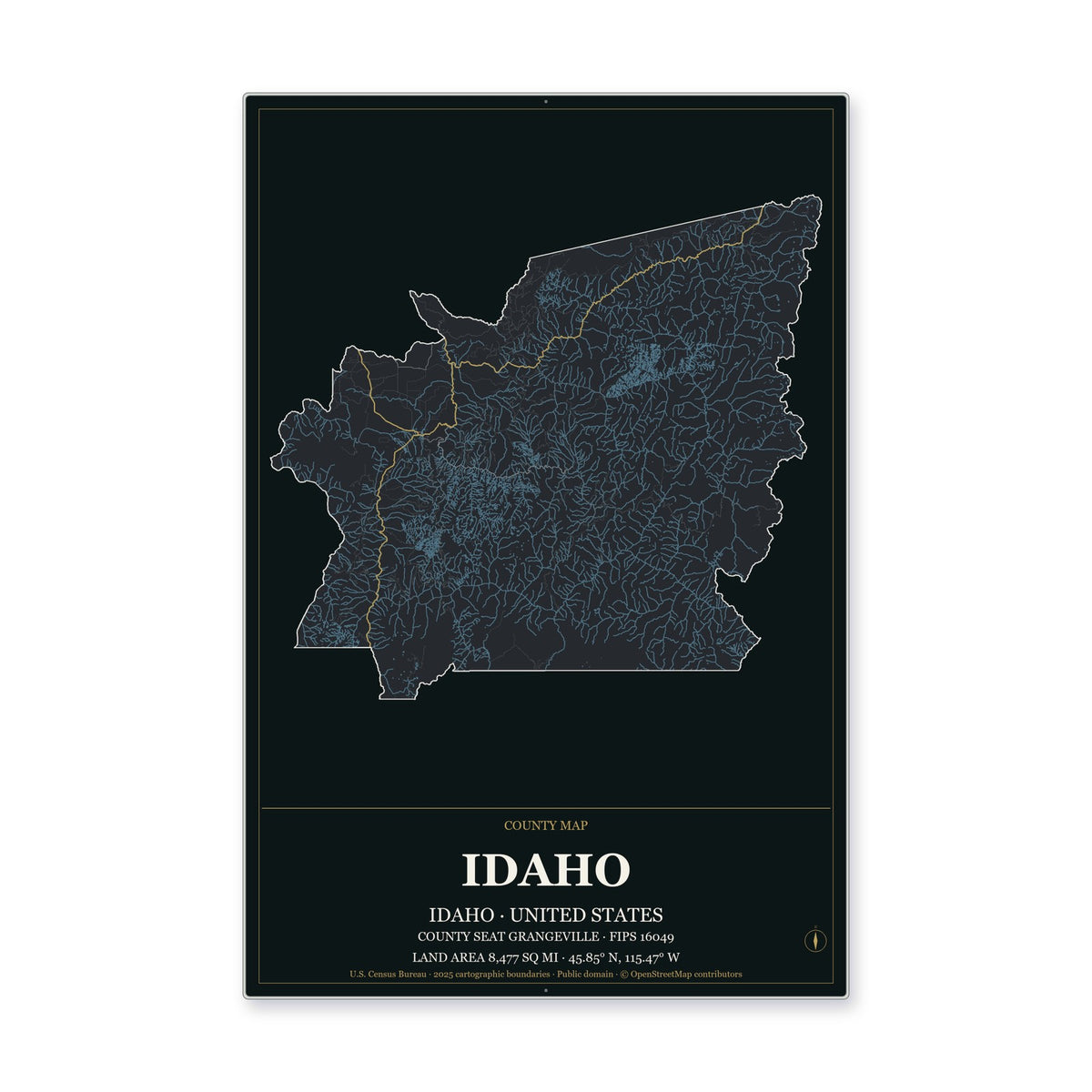 Idaho County, Idaho Map Aluminum Sign in Metropolitan Noir style