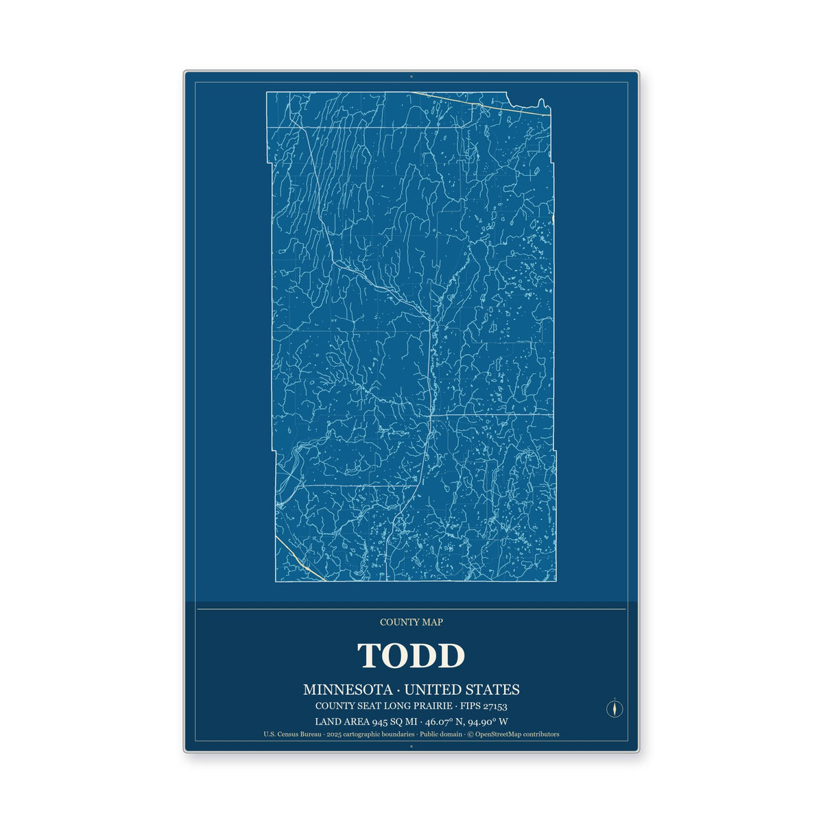 Todd County, Minnesota Map Aluminum Sign in Harbor Cobalt style