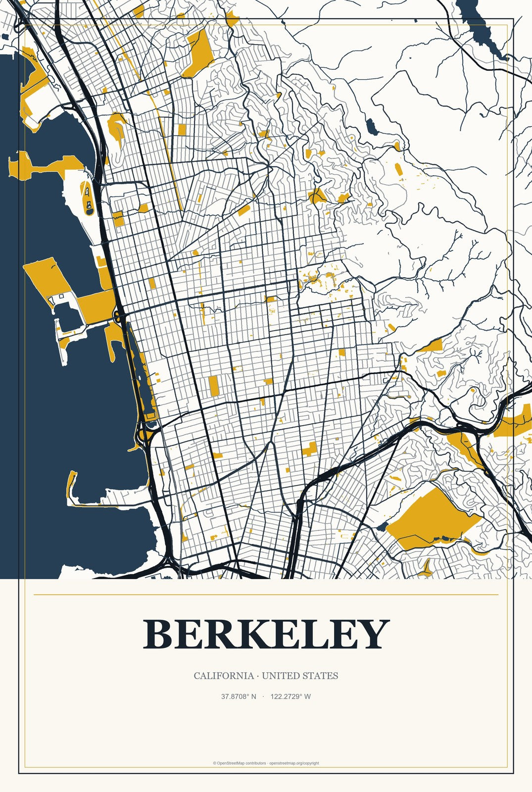 Berkeley, California City Map Aluminum Sign in Citrine Modern style