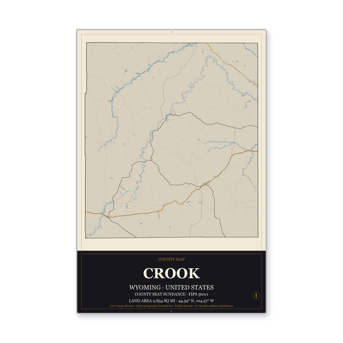 Crook County, Wyoming Map Aluminum Sign in Museum Plaque style