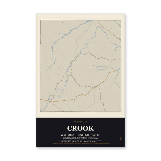 Crook County, Wyoming Map Aluminum Sign in Museum Plaque style