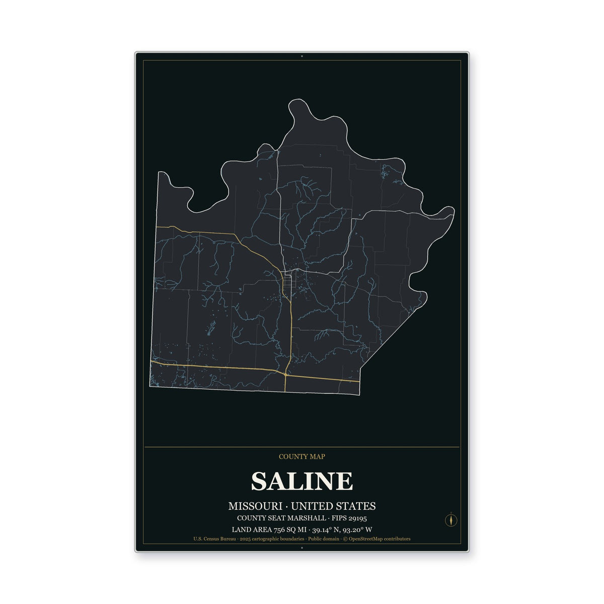 Saline County, Missouri Map Aluminum Sign in Metropolitan Noir style