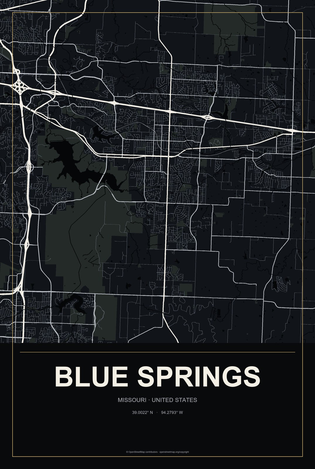 Blue Springs, Missouri City Map Aluminum Sign in Metropolitan Noir style
