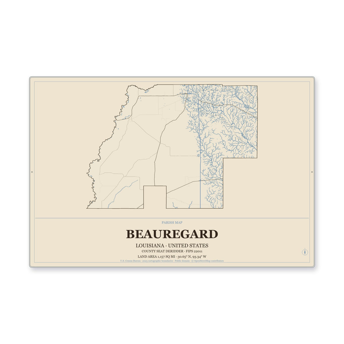 Beauregard Parish, Louisiana Map Aluminum Sign in Heritage Nautical style